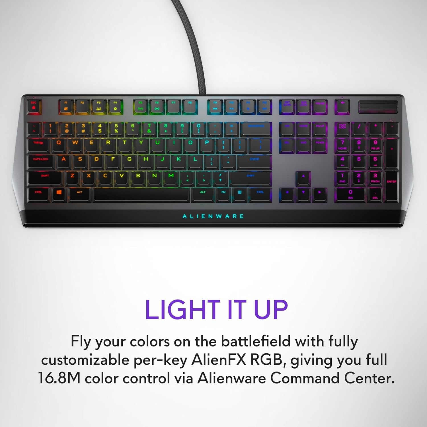 Low-Profile RGB Gaming Keyboard AW510K, Alienfx per Key RGB LED Color Backlighting, Media CONTROLS & USB Passthrough, Cherry MX Low Profile Red Switches
